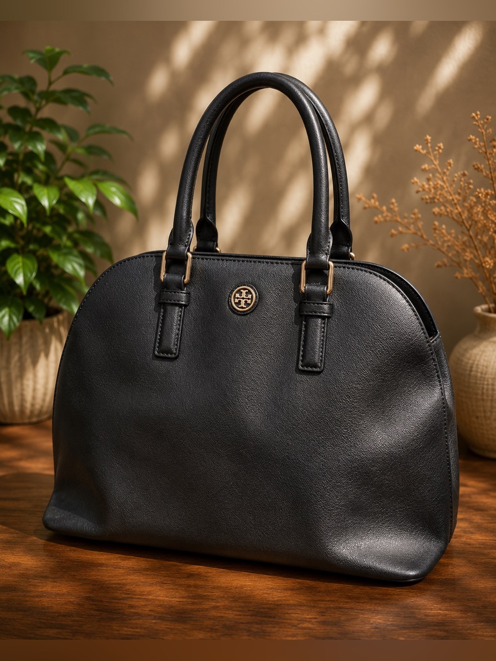 🖤 Tory Burch Black Leather Dome Satchel Purse • Classic Everyday Designer Bag